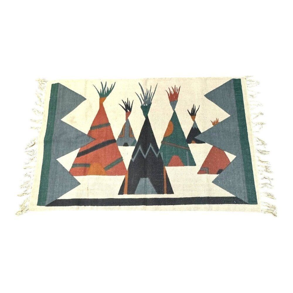 Vintage Southwestern Teepee Pattern Throw Rug Tapestry Fringed Edges 38x24 Cabin